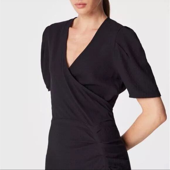 BA&SH Oya Wool Blend Dark Blue V Neck Short Sleeve Faux Wrap Office Midi Dress M - Picture 2 of 9